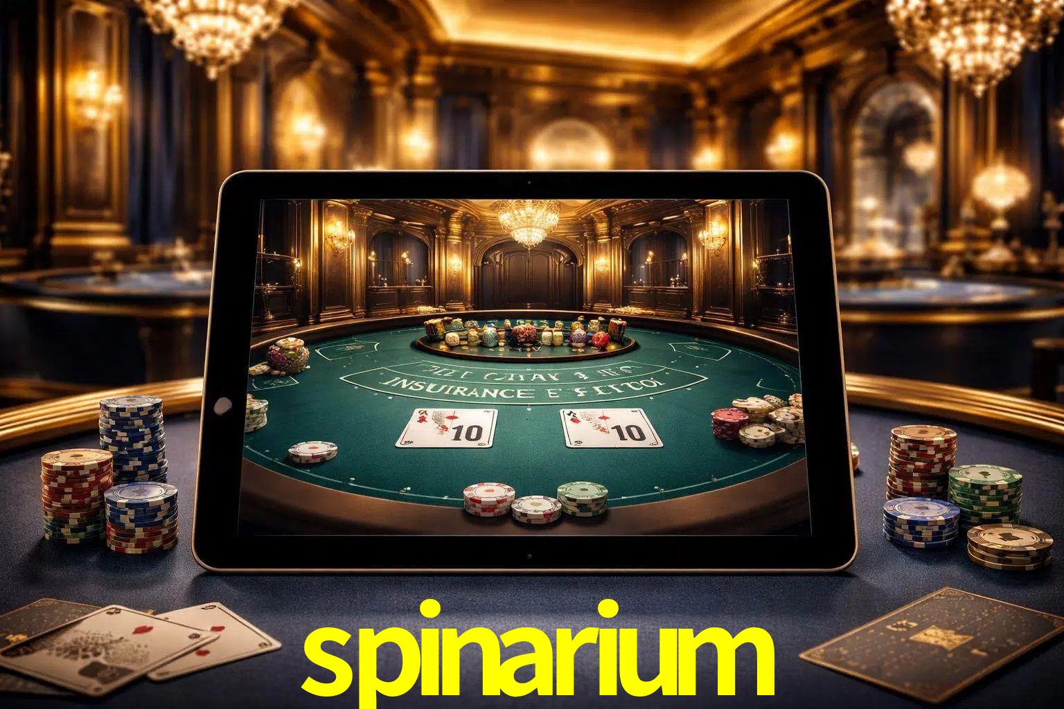 Configuración moderna de casino en vivo con una tableta mostrando una mesa de blackjack, luces cálidas de estudio y una atmósfera elegante de juegos digitales.