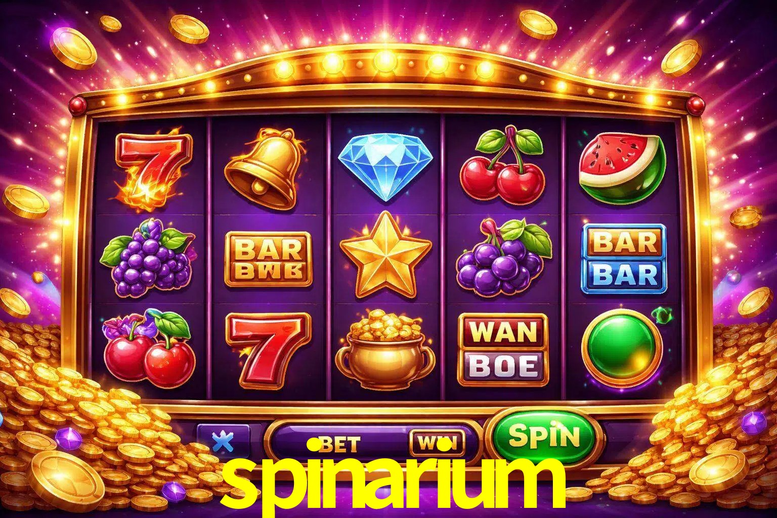 Una interfaz colorida de tragamonedas en línea con símbolos brillantes, monedas y un efecto de victoria celebratoria en spinarium.