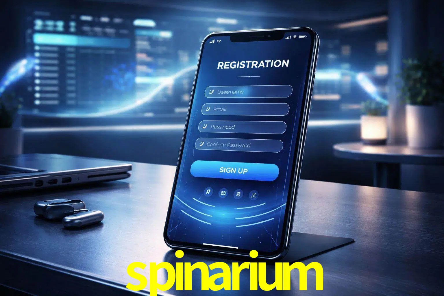 Una interfaz moderna de registro móvil para spinarium mostrada en un smartphone con un panel de apuestas elegante.